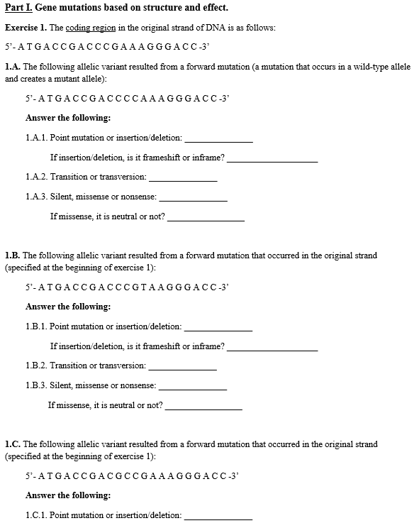Solved Part I. Gene mutations based on structure and effect. | Chegg.com