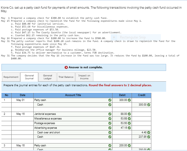 Solved Klona Co. Set Up A Petty Cash Fund For Payments Of | Chegg.com