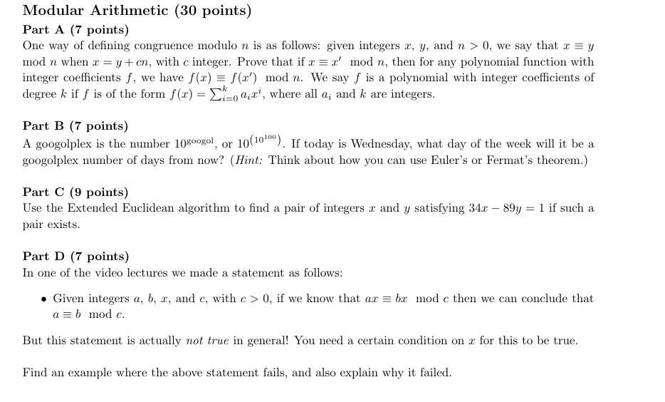 Solved Modular Arithmetic (30 points) Part A (7 points) One | Chegg.com