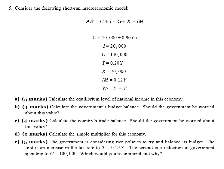 Solved 5. Consider The Following Short-run Macroeconomic | Chegg.com