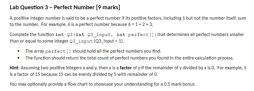 Solved Lab Question 3 - Pertect Number [9 marks] A positive | Chegg.com
