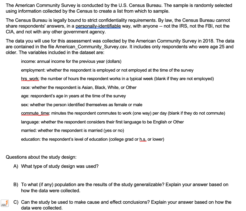 Solved The American Community Survey Is Conducted By The | Chegg.com