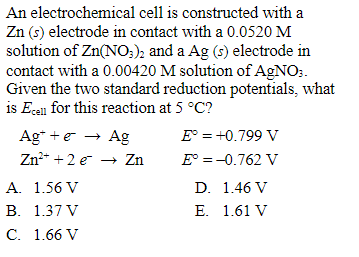 Solved An electrochemical cell is constructed with a Zn(s) | Chegg.com