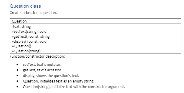 Solved Question class Create a class for a question. | Chegg.com