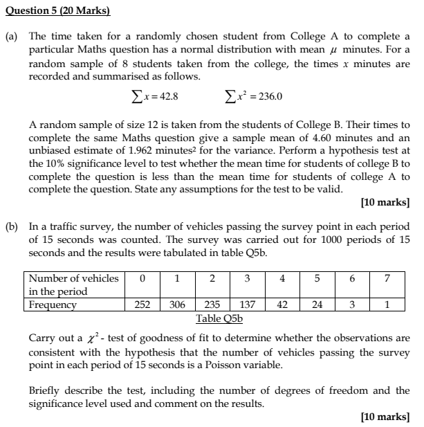 Solved Question 5 (20 Marks) (a) The time taken for a | Chegg.com