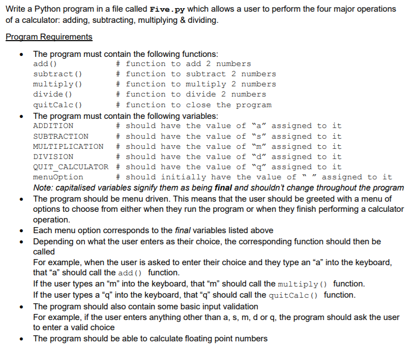 Solved . Write a Python program in a file called Five.py | Chegg.com