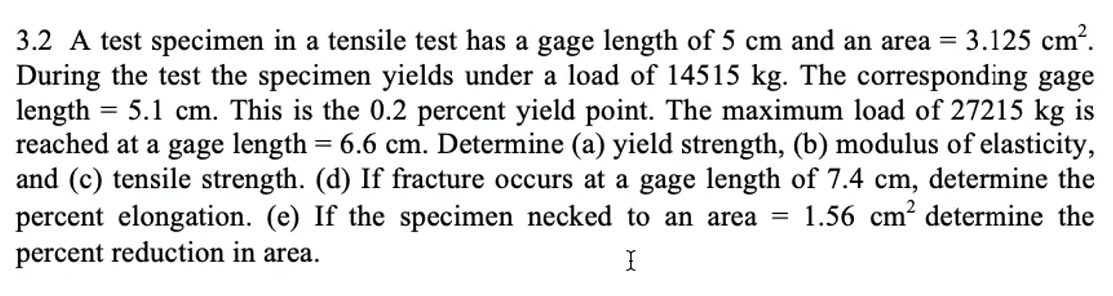 Solved 3.2 A test specimen in a tensile test has a gage | Chegg.com