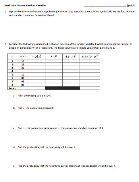 Solved Math 10 - Discrete Random Variables Igw07) 1. Explain | Chegg.com