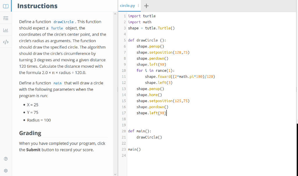 Solved [O Instructions circle.py 1 import turtle 2 import | Chegg.com