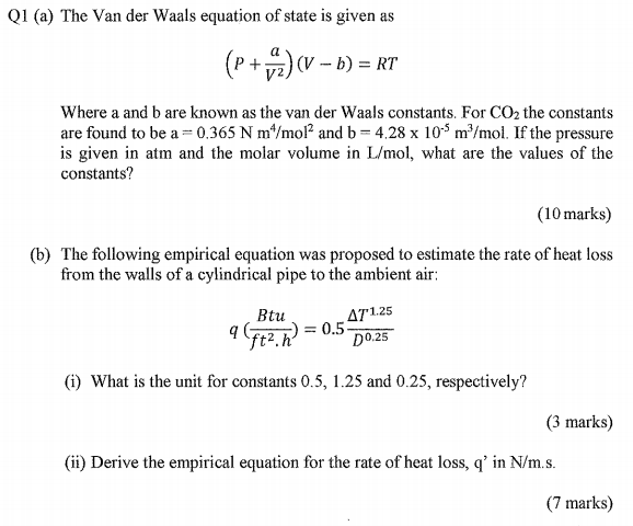Solved Q1 (a) The Van der Waals equation of state is given | Chegg.com