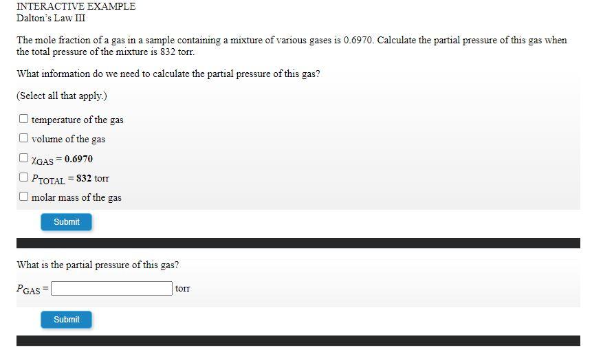 Solved INTERACTIVE EXAMPLE Dalton's Law III The mole