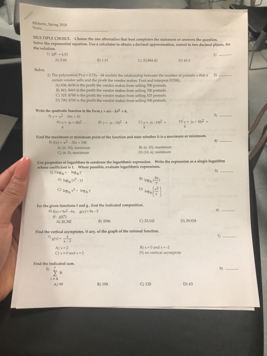 Solved Midherm, Spring 2018 Name Multiple Choice. Choose The 