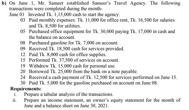 Solved B) On June 1, Mr. Sameer Established Sameer's Travel | Chegg.com