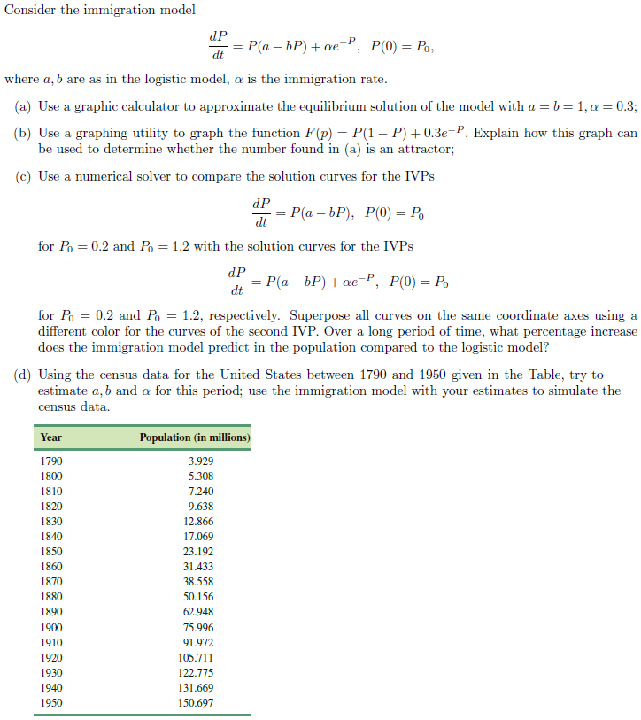 Solved Consider the immigration model dP P(a – bP) +ae-, | Chegg.com