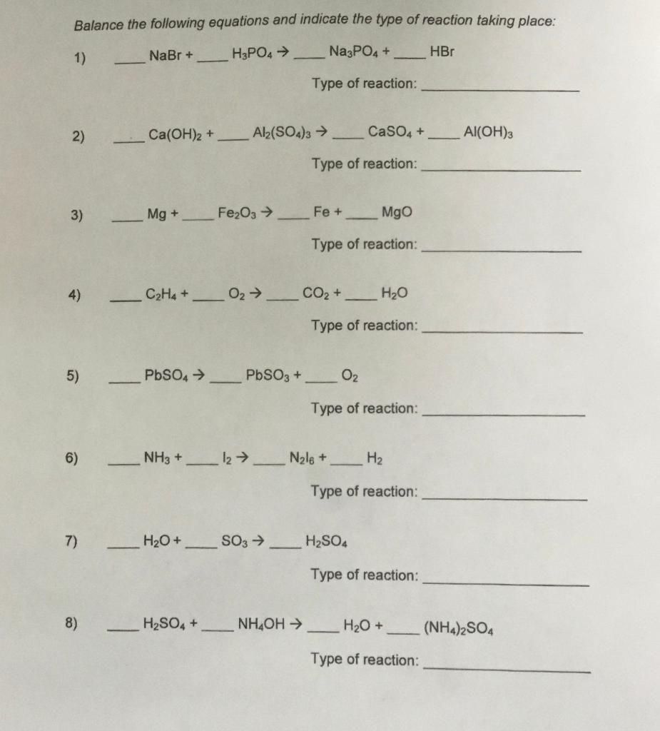 Solved Balance the following equations and indicate the type | Chegg.com