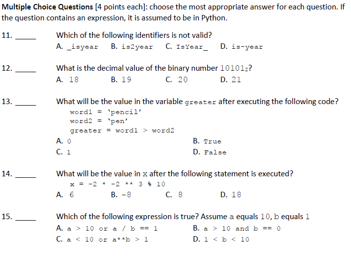 Solved Multiple Choice Questions (4 points each): choose the | Chegg.com
