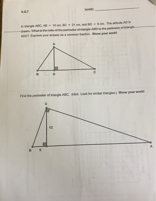 Solved 8.G.7 NAME: In triangle ABC, AB = 10 cm, BC 21 cm, | Chegg.com