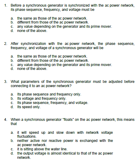 Solved 1. When the load connected to a synchronous generator | Chegg.com