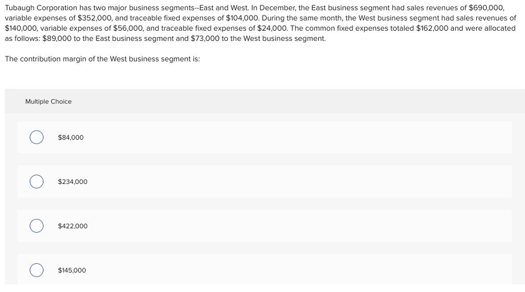 Solved Tubaugh Corporation has two major business | Chegg.com