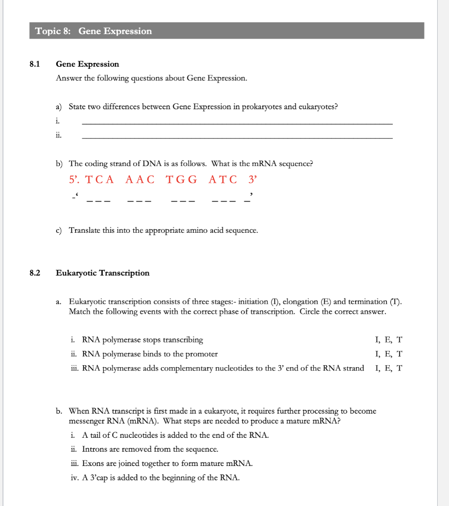 Solved Topic 8: Gene Expression 8.1 Gene Expression Answer | Chegg.com
