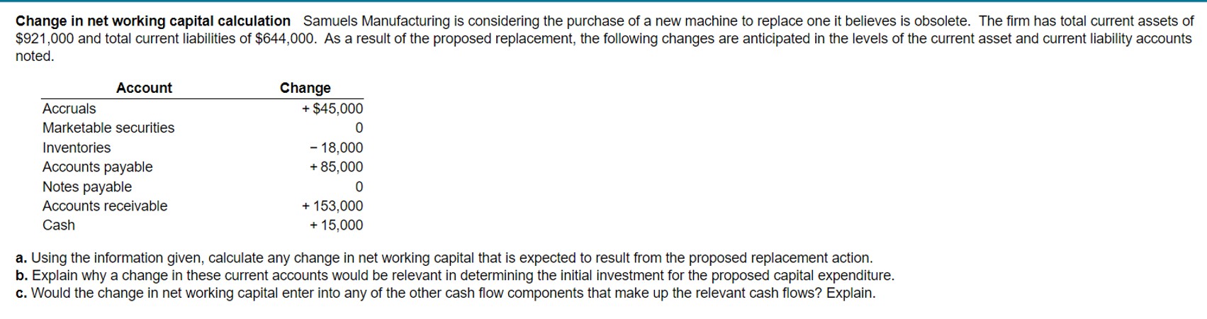 Solved Change In Net Working Capital Calculation Samuels Chegg Com   Screenshot87 