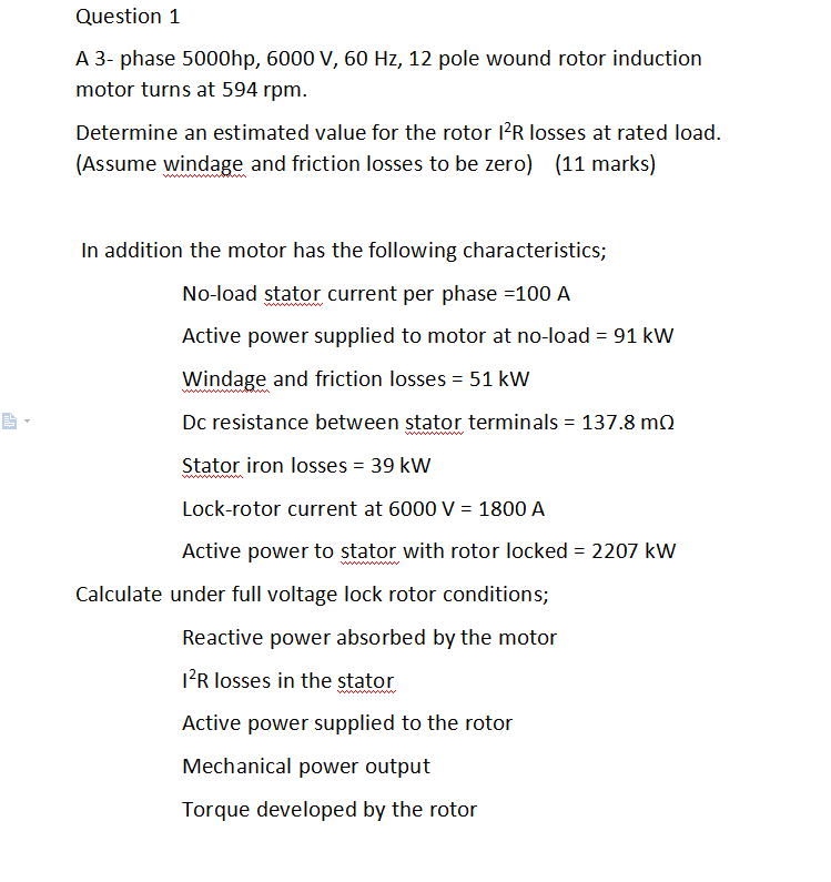 Solved Question 1 A 3- phase 5000hp, 6000 V,60 Hz,12 pole | Chegg.com