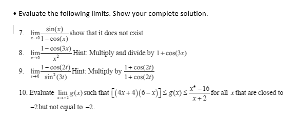 Solved 1-01- 8. lim- 10 • Evaluate the following limits. | Chegg.com