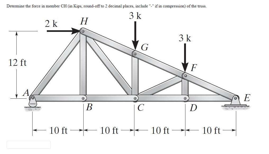 Solved Determine the force in member CH (in Kips, round-off | Chegg.com