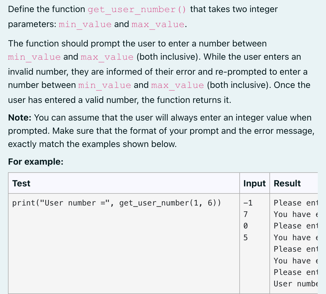 Solved Define the function get_user_number () that takes two | Chegg.com