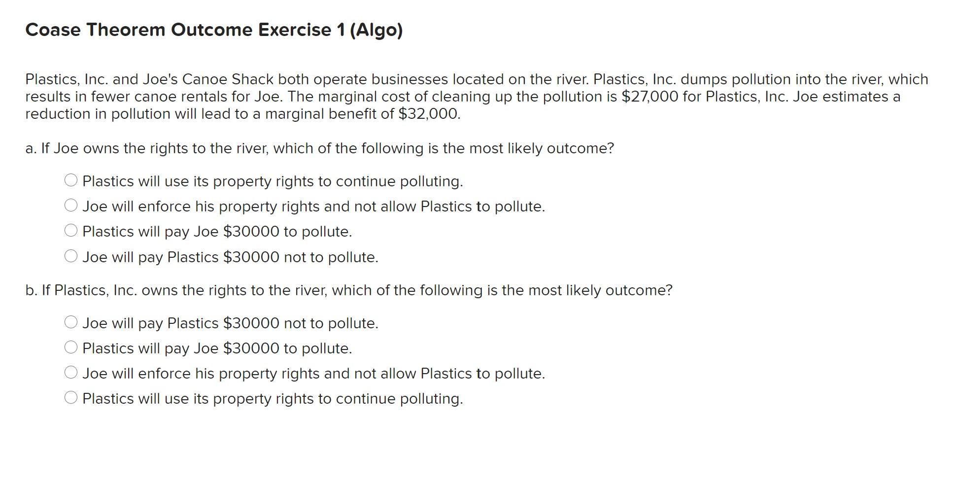 Solved Coase Theorem Exercise 1 (Algo) Plastics,