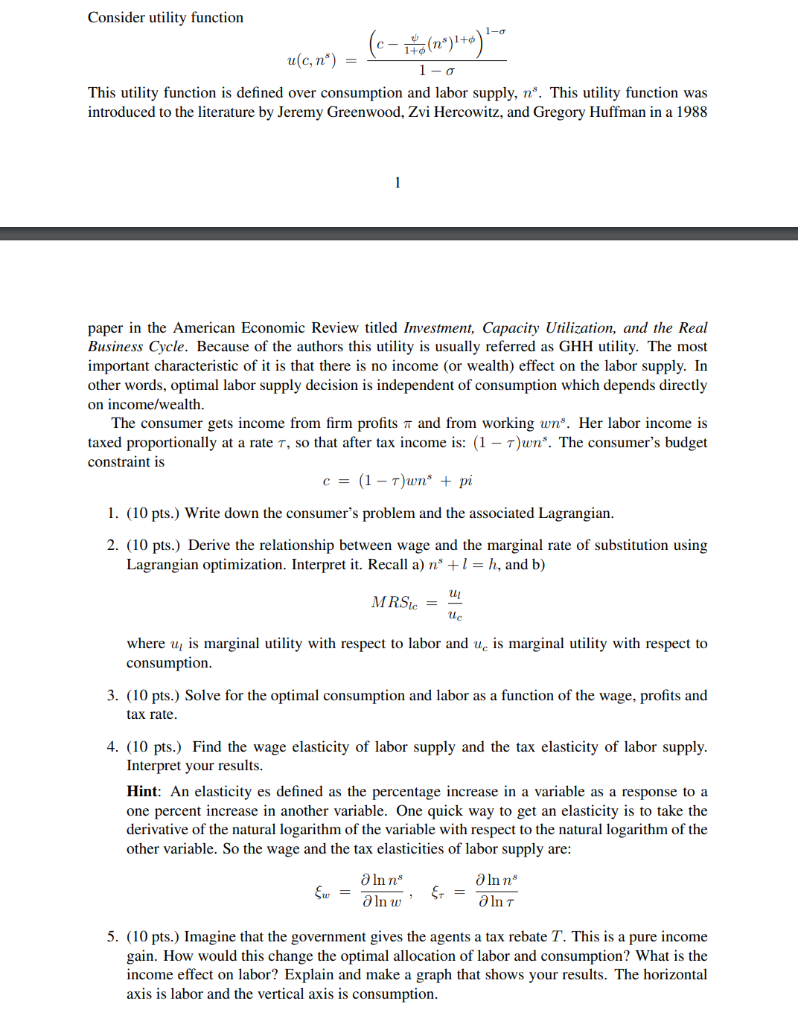 Solved 1 O Consider Utility Function U C N Chegg Com