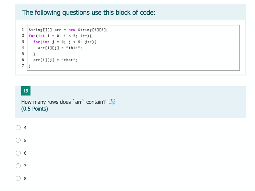 Solved The following questions use this block of code: 1 | Chegg.com