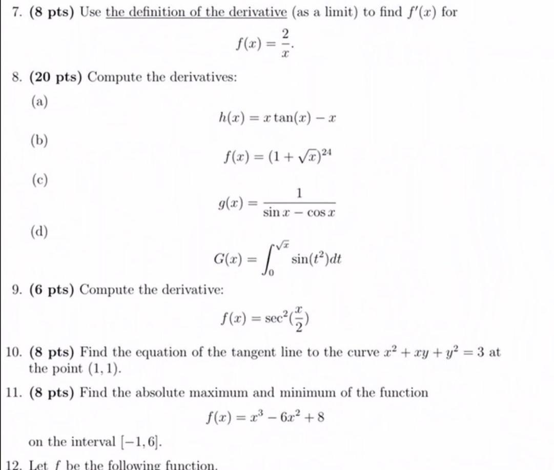 7 8 Pts Use The Definition Of The Derivative As A Chegg Com