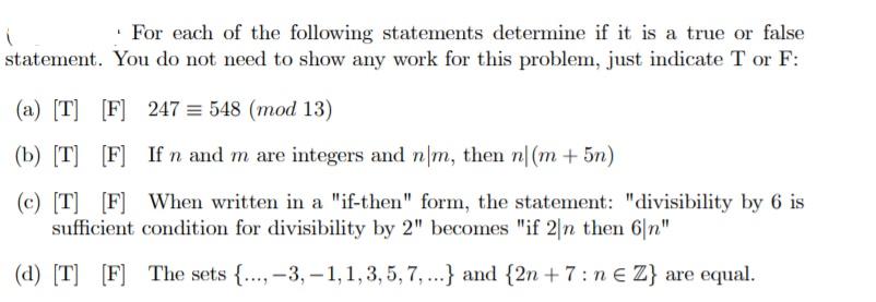 Solved For each of the following statements determine if it | Chegg.com
