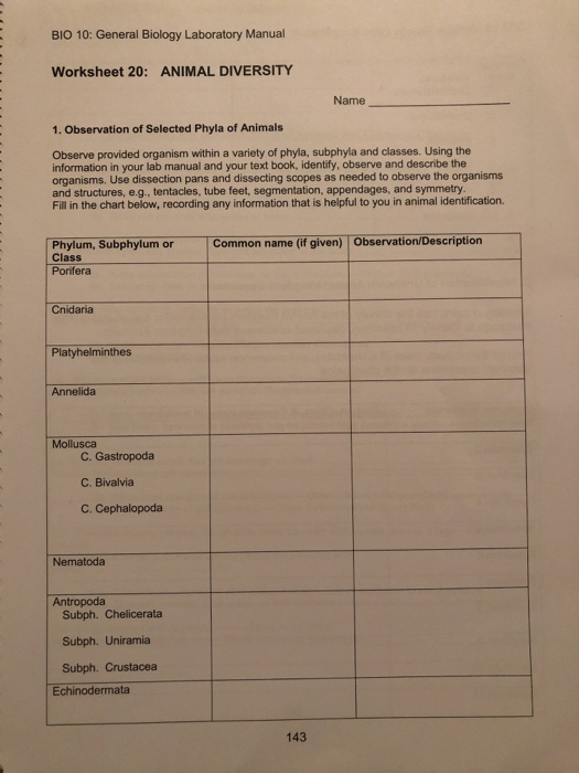 Solved BIO 10 General Biology Laboratory Manual ANIMAL