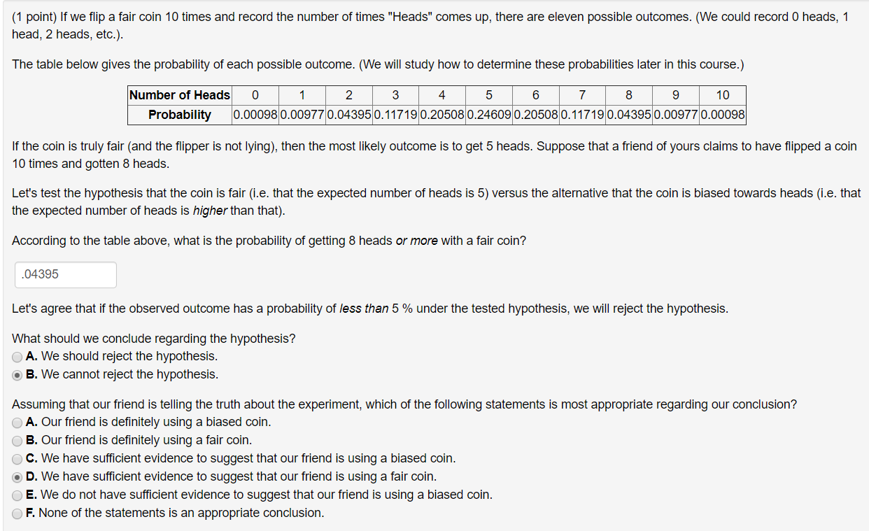 Solved (1 point) If we flip a fair coin 10 times and record | Chegg.com