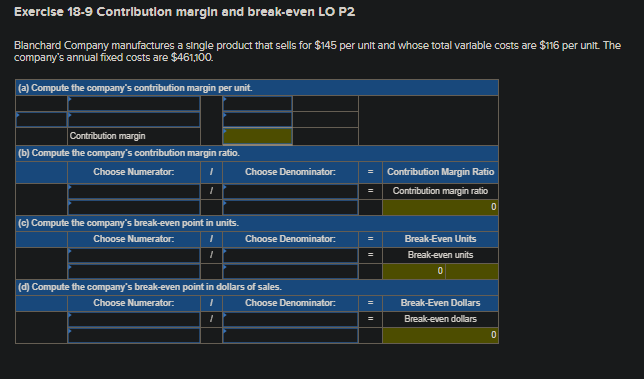 Solved Exercise 18-9 Contribution Margin And Break-even LO | Chegg.com