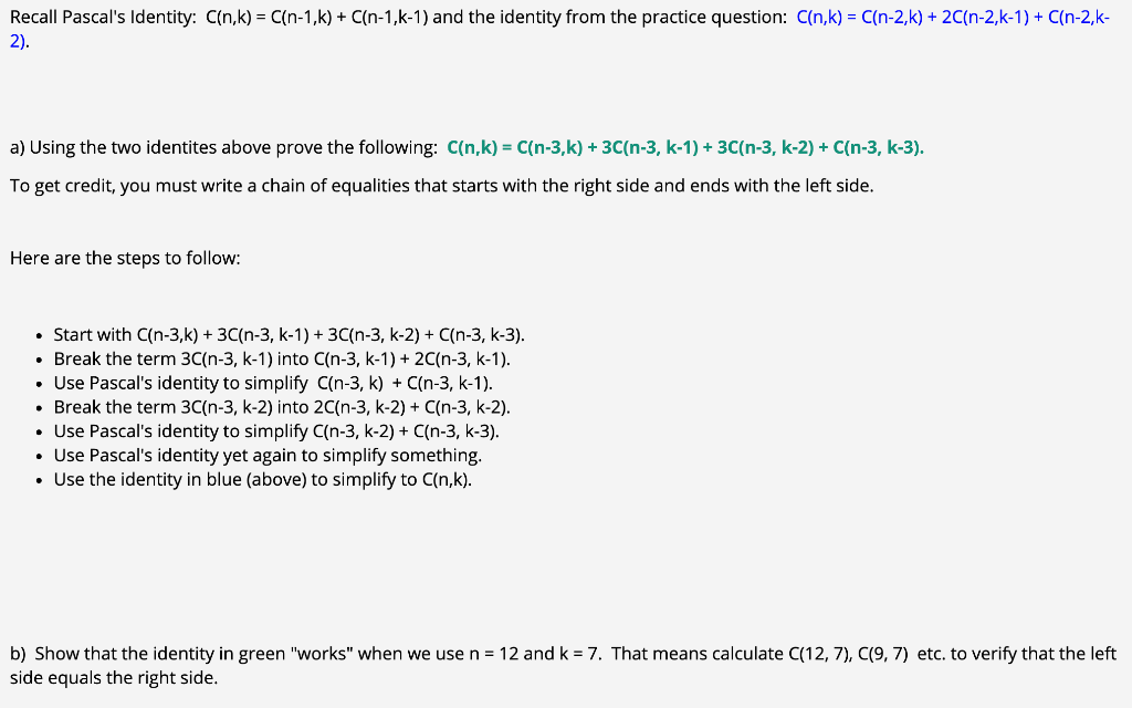 Recall Pascal S Identity Cin K C N 1 K Chegg Com