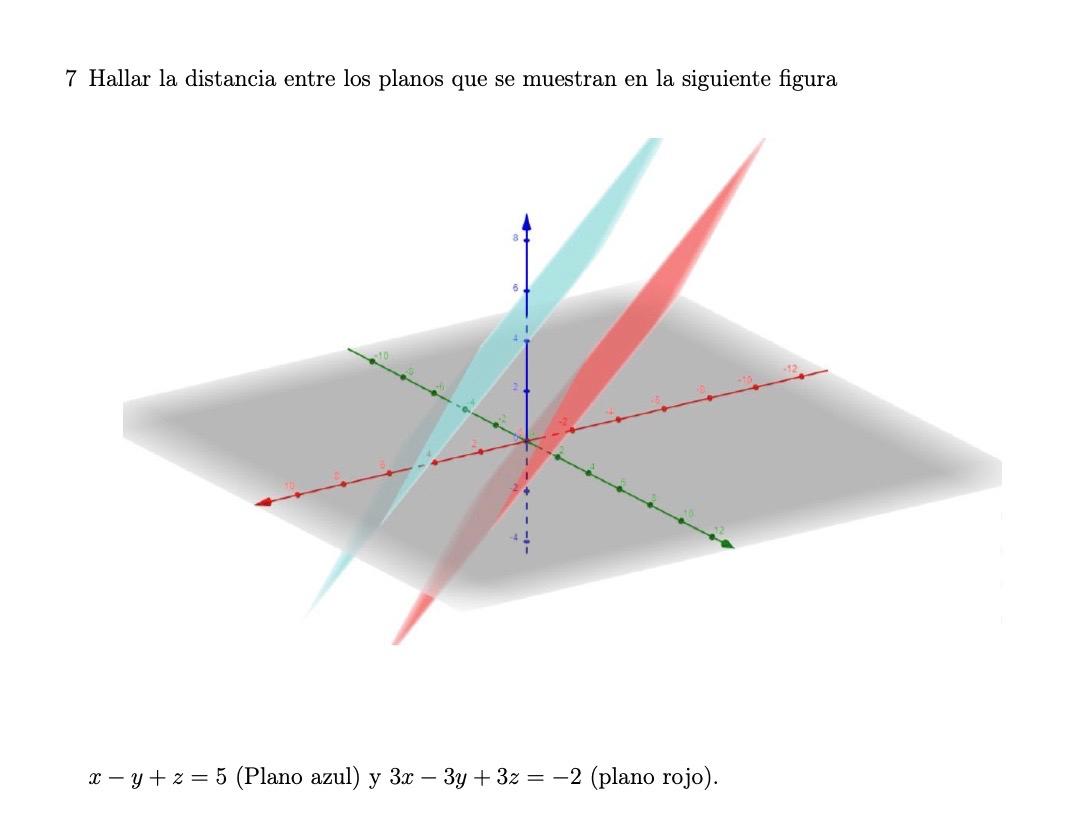 7 Hallar la distancia entre los planos que se muestran en la siguiente figura \[ x-y+z=5 \text { (Plano azul) y } 3 x-3 y+3 z