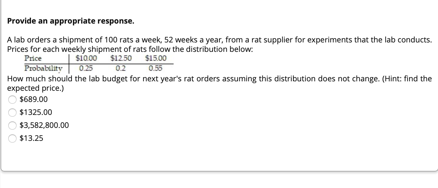 Solved Provide an appropriate response. A lab orders a | Chegg.com