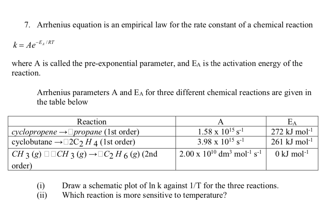 Solved 7 Arrhenius Equation Is An Empirical Law For The Chegg Com