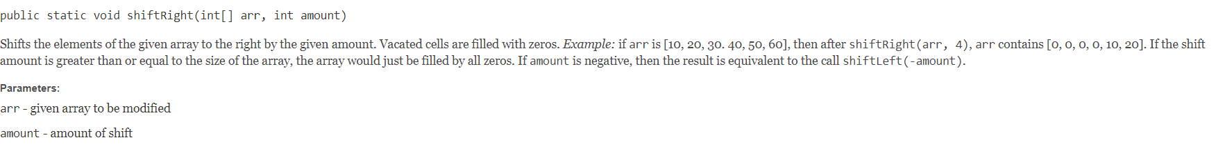 Solved public static void shiftRight(int[] arr, int amount) | Chegg.com