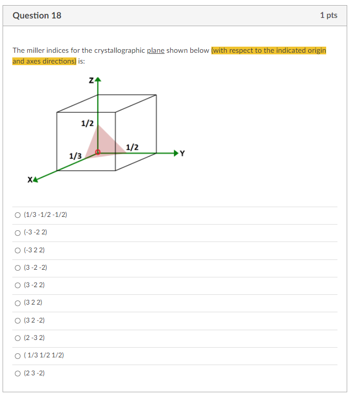 Solved Question 16 1 pts The miller indices for the | Chegg.com