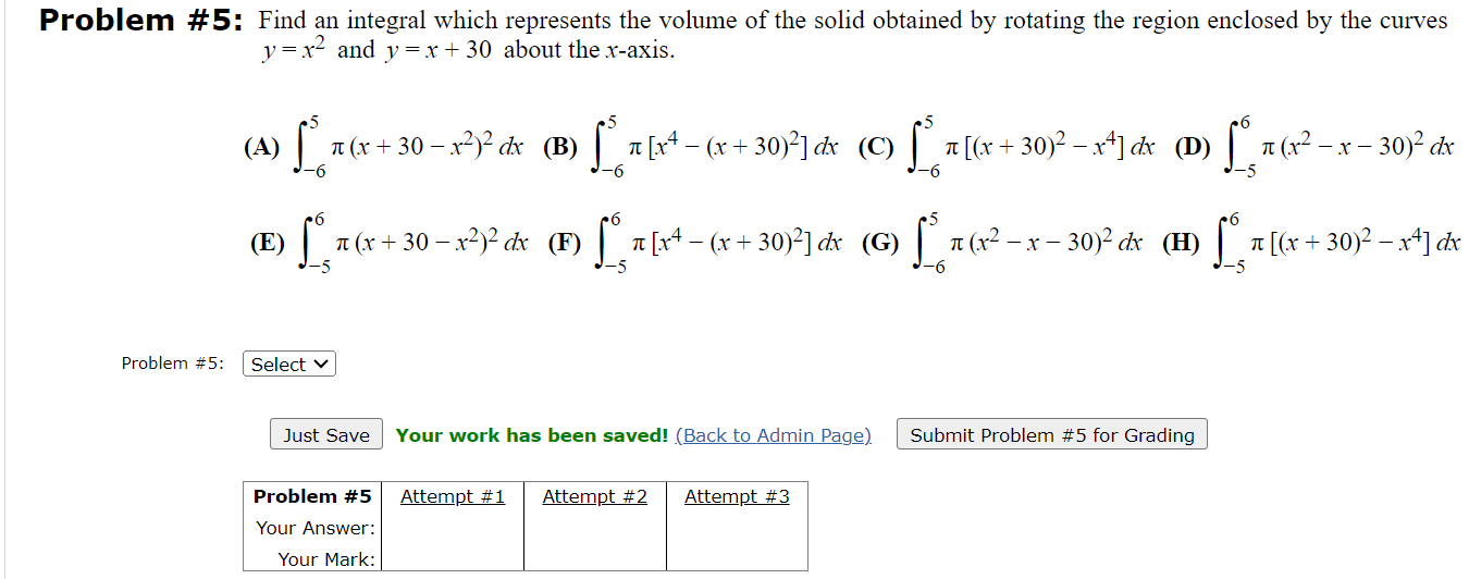 Solved Find an integral which represents the volume of the | Chegg.com