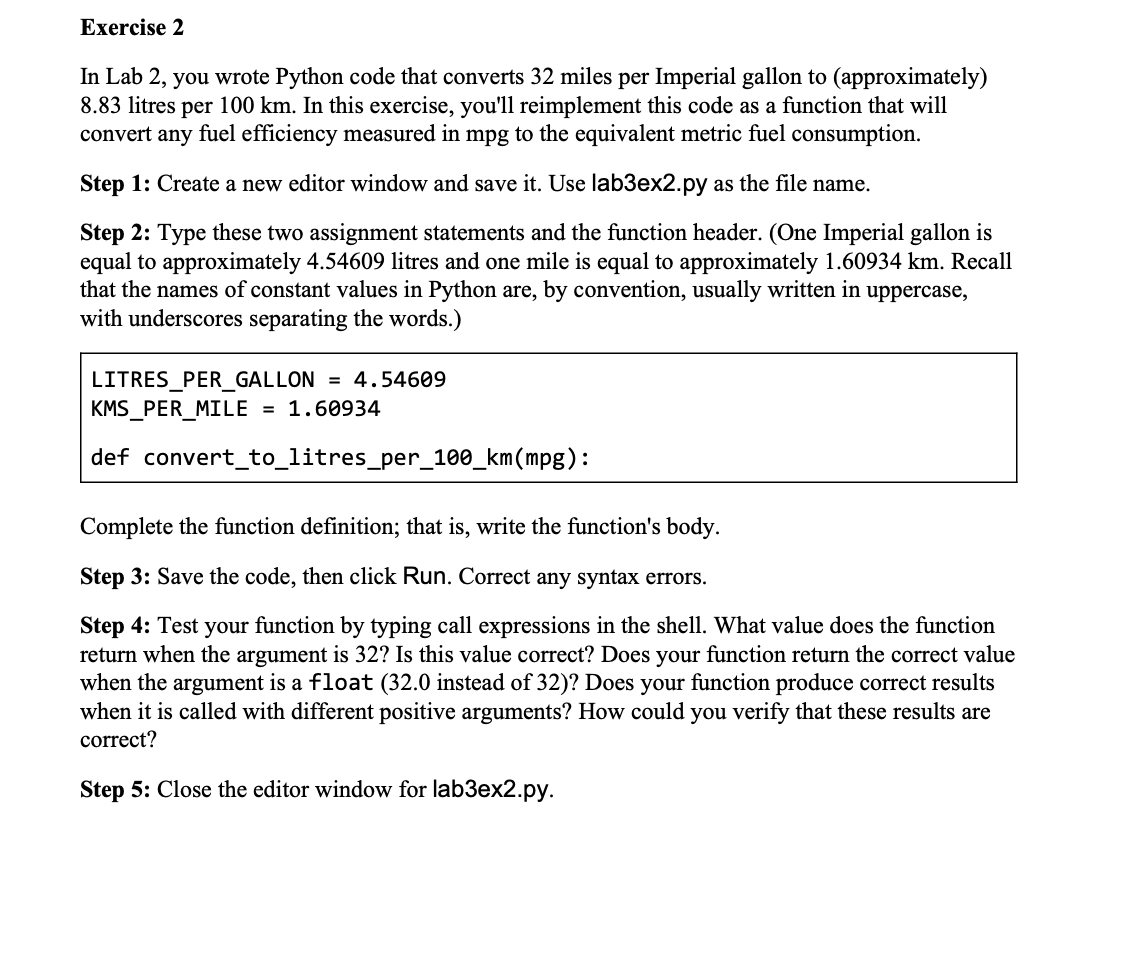 Solved Exercise 2 In Lab 2 you wrote Python code that Chegg