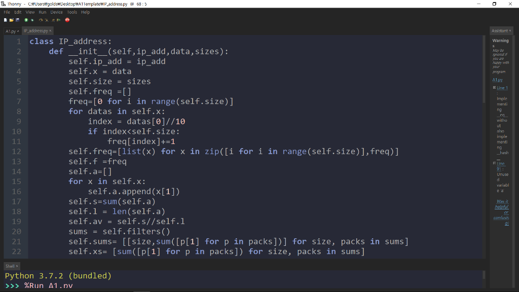 python 3 Design a class named A1 to read input text | Chegg.com