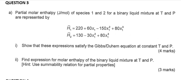 Solved QUESTION 3 A) Partial Molar Enthalpy (J/mol) Of | Chegg.com