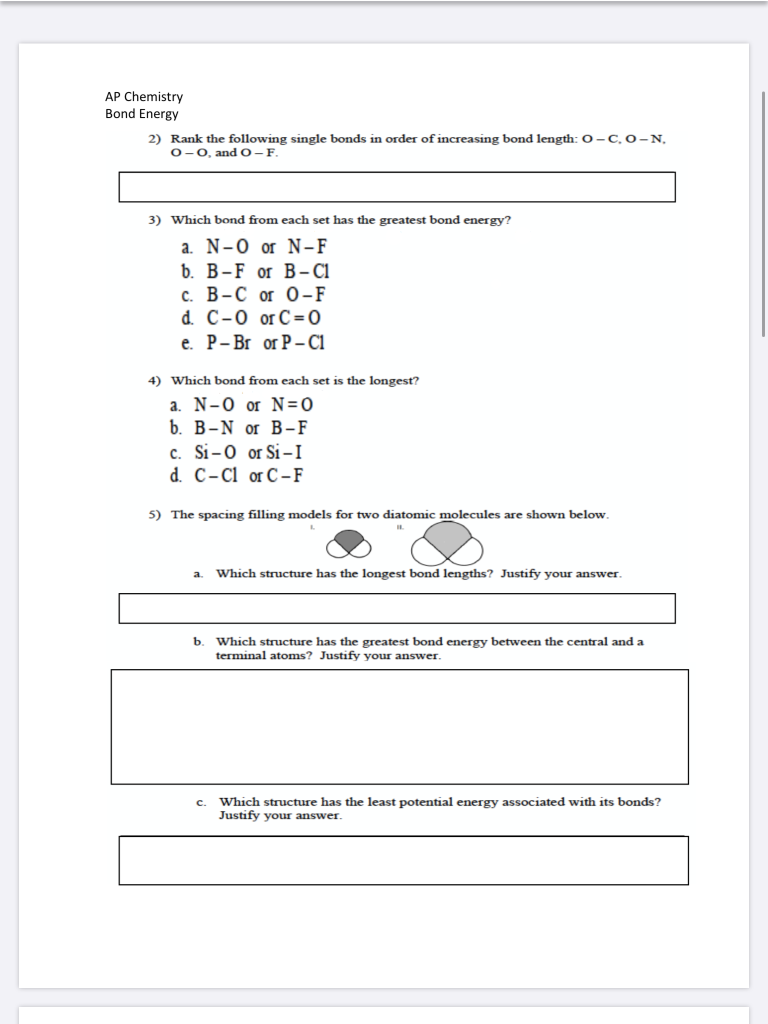 Solved AP Chemistry Bond Energy 2) Rank the following single | Chegg.com