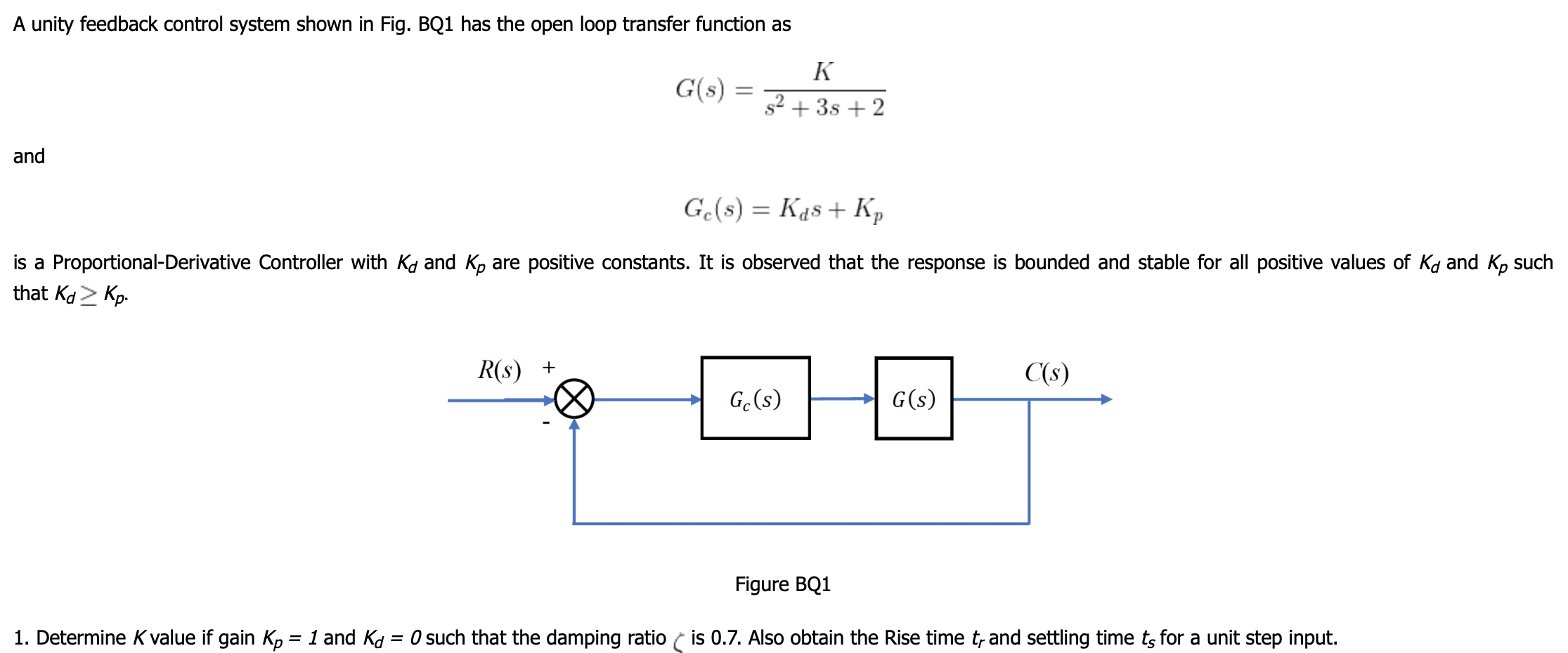 Solved A unity feedback control system shown in Fig. BQ1 has | Chegg.com