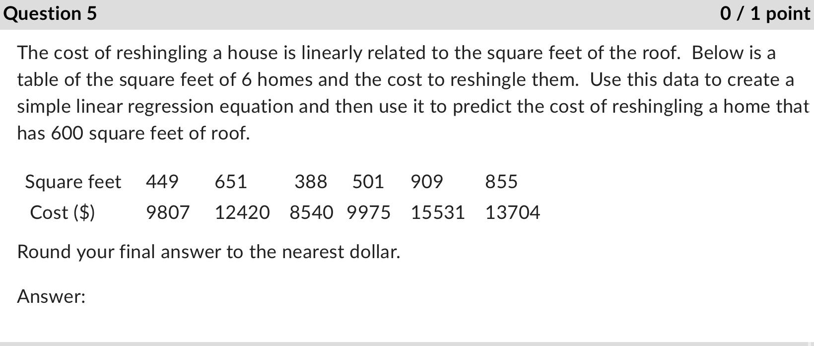 Solved The cost of reshingling a house is linearly related